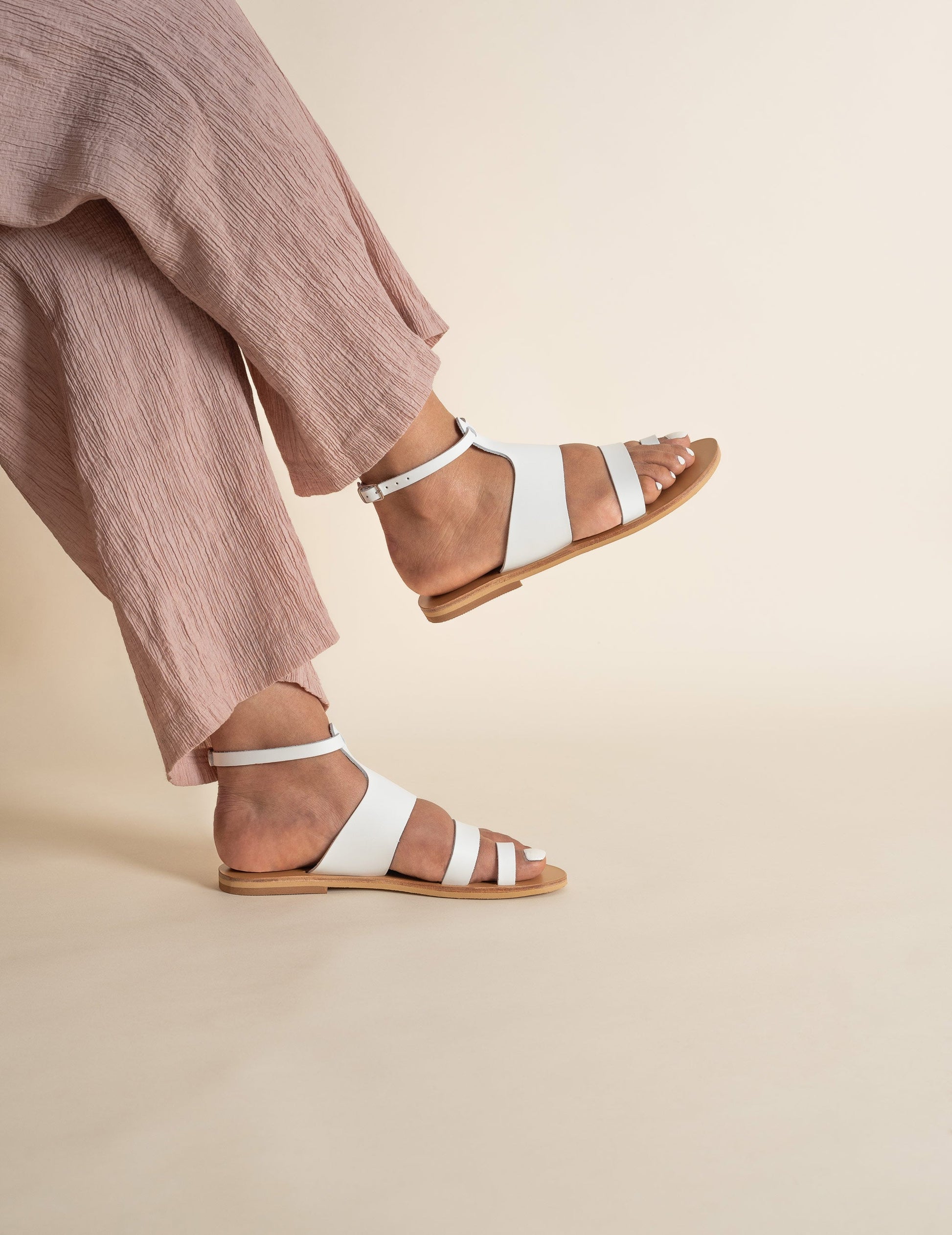 Alexandra Sandals - White Flat Sandals - Leather Sandals for Women - PROÉLEFSI