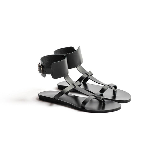 Athena Sandals - Womens Flats - Black Gladiator Sandals - PROÉLEFSI